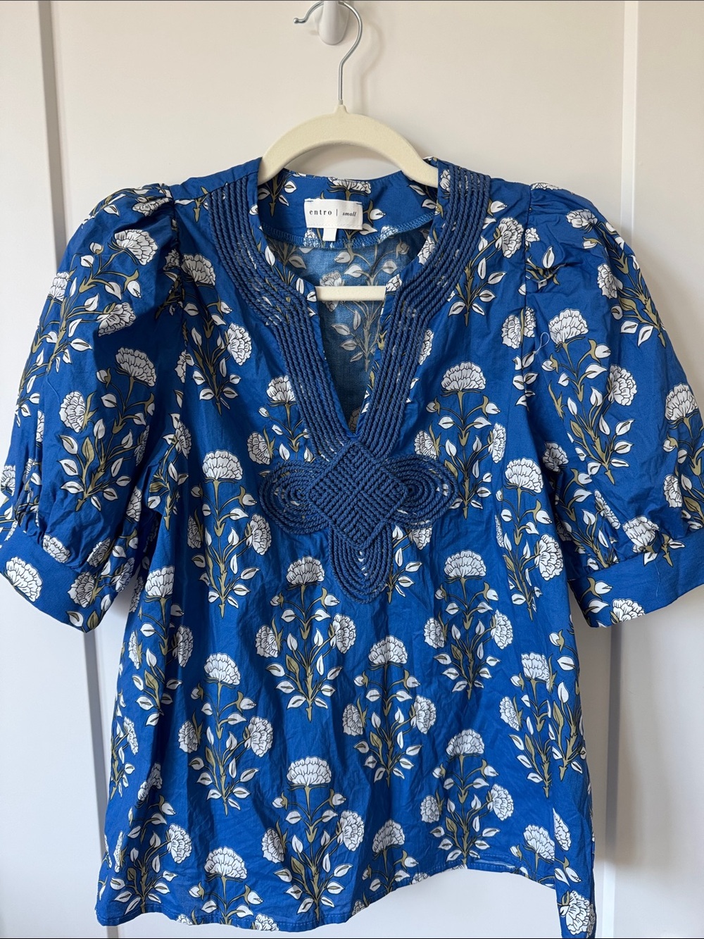 entro Cobalt Blue Floral Embroidered V-Neck Puff Sleeve Tunic